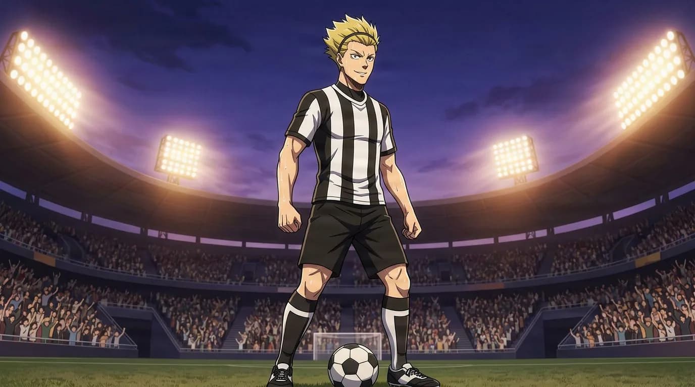 Anime-style portrait of Haato Meiji from Blue Lock, cel-shaded, soccer atmosphere