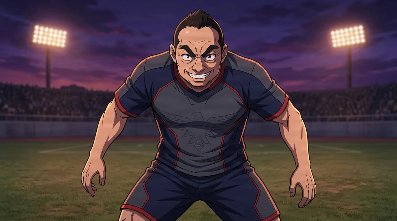 بورتريه بأسلوب الأنمي لشخصية Harutaro Natsuki من بلو لوك، بتظليل خلوي، بأجواء كرة القدم