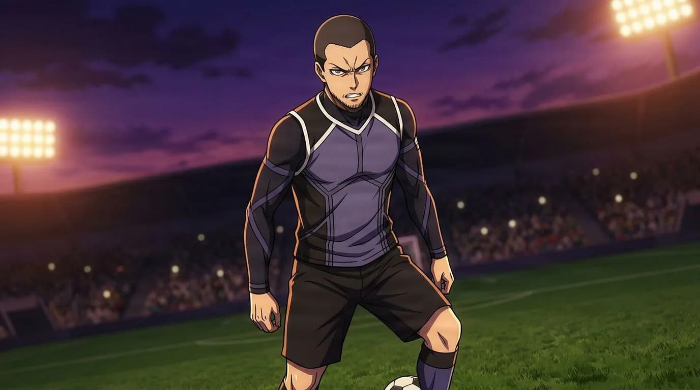 Retrato estilo anime de Hirakazu Midorikawa de Blue Lock, con sombreado cel, ambiente futbolístico