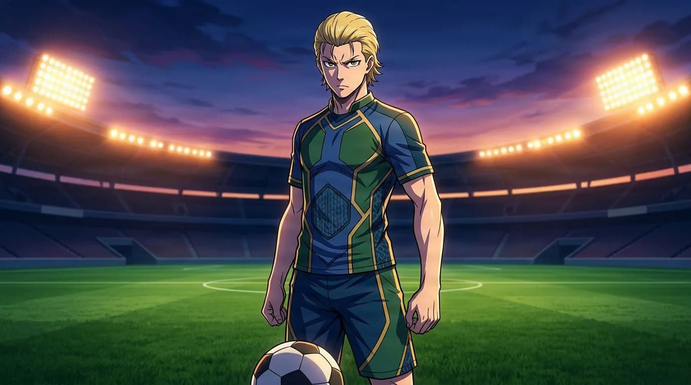 Anime-style portrait of Hiromu Munakata from Blue Lock, cel-shaded, soccer atmosphere