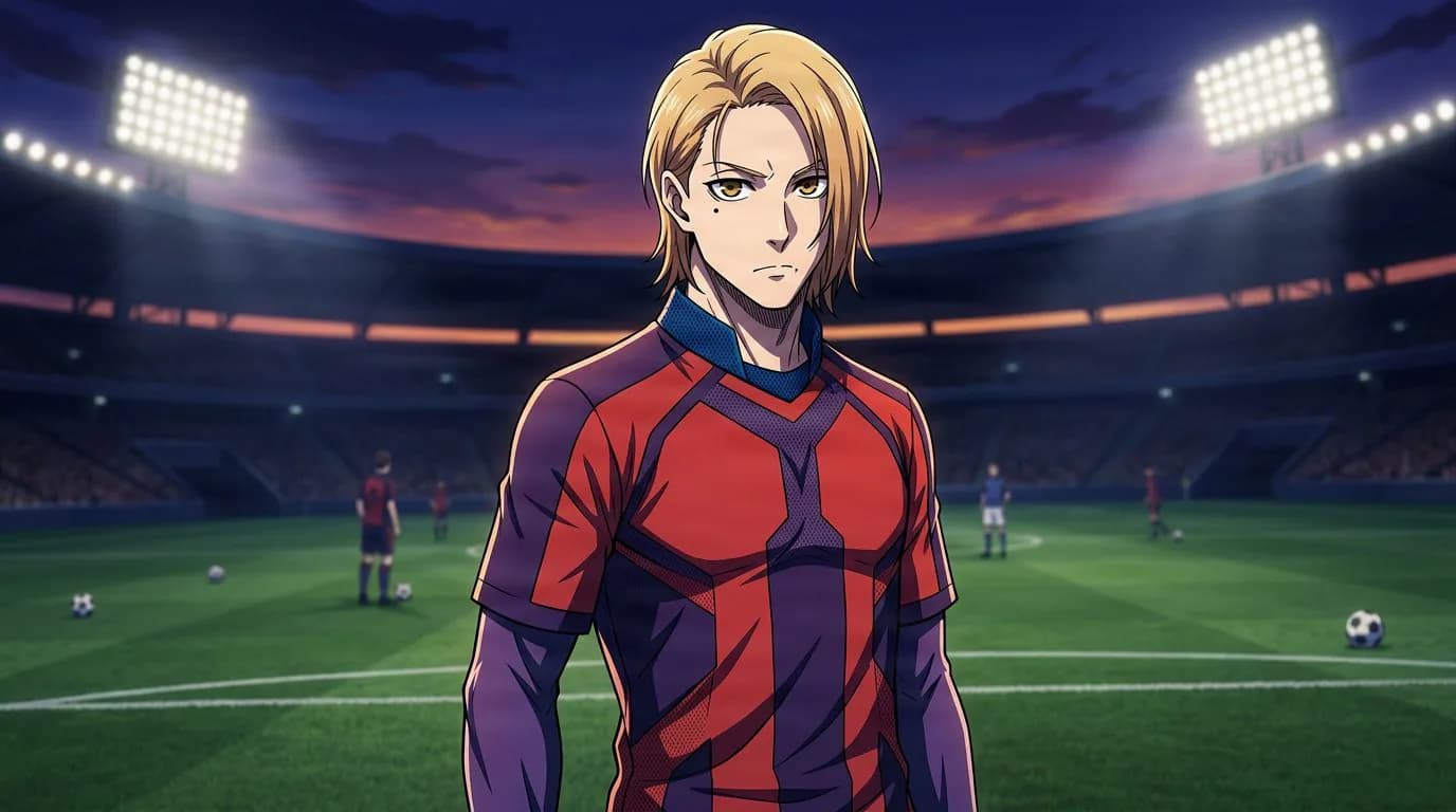 Anime-style portrait of Hyuga Koshiba from Blue Lock, cel-shaded, soccer atmosphere