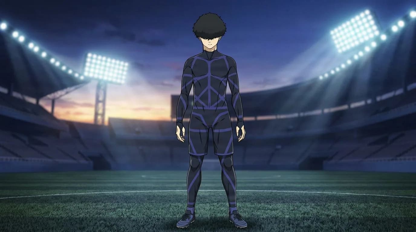 ブルーロックの二子 一揮のアニメ風ポートレート、セルシェーディング、サッカーの雰囲気