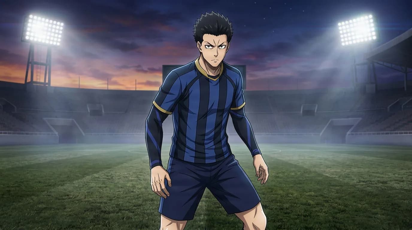 بورتريه بأسلوب الأنمي لشخصية Iori Sato من بلو لوك، بتظليل خلوي، بأجواء كرة القدم