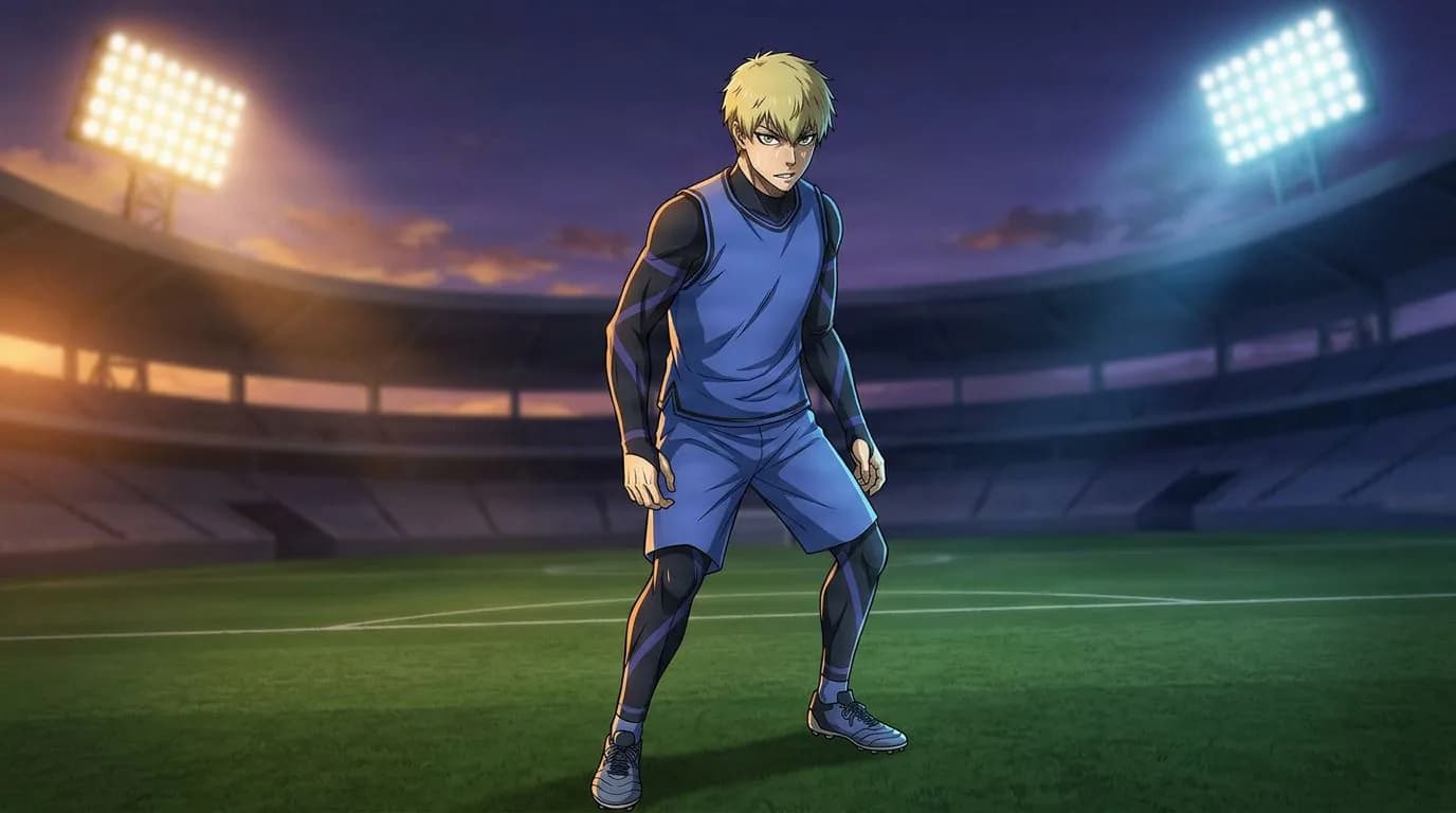 بورتريه بأسلوب الأنمي لشخصية Jingo Raichi من بلو لوك، بتظليل خلوي، بأجواء كرة القدم