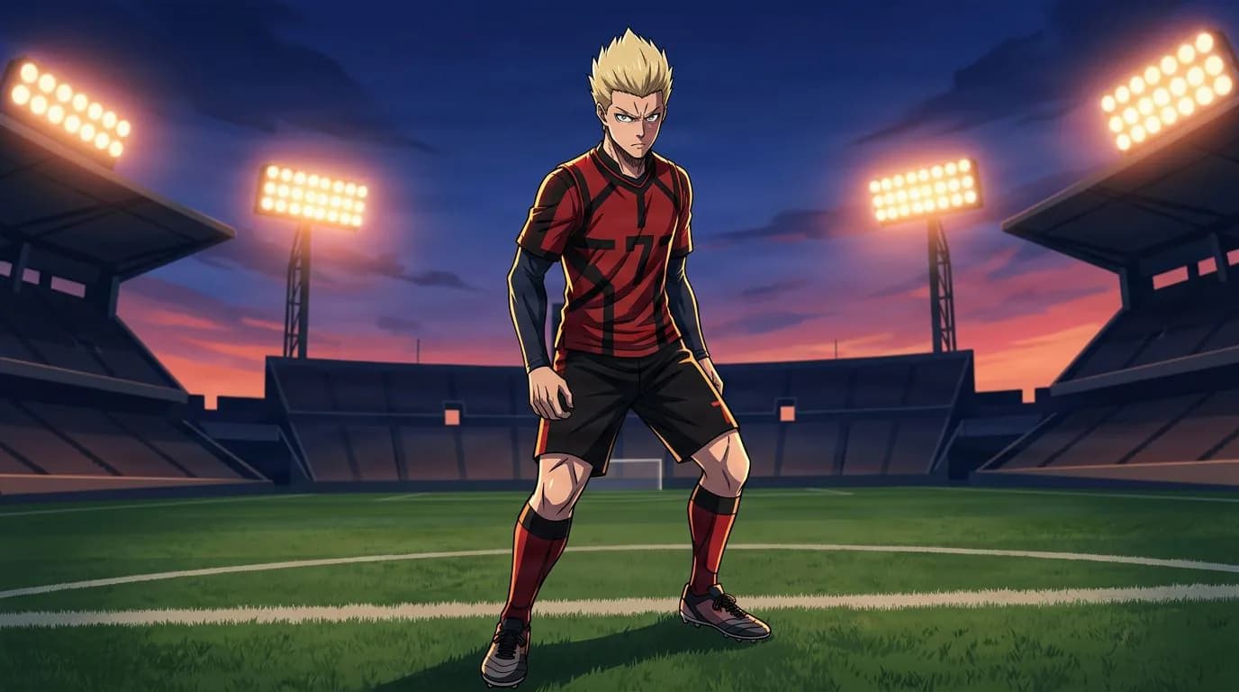 Anime-style portrait of Juraki Ito from Blue Lock, cel-shaded, soccer atmosphere