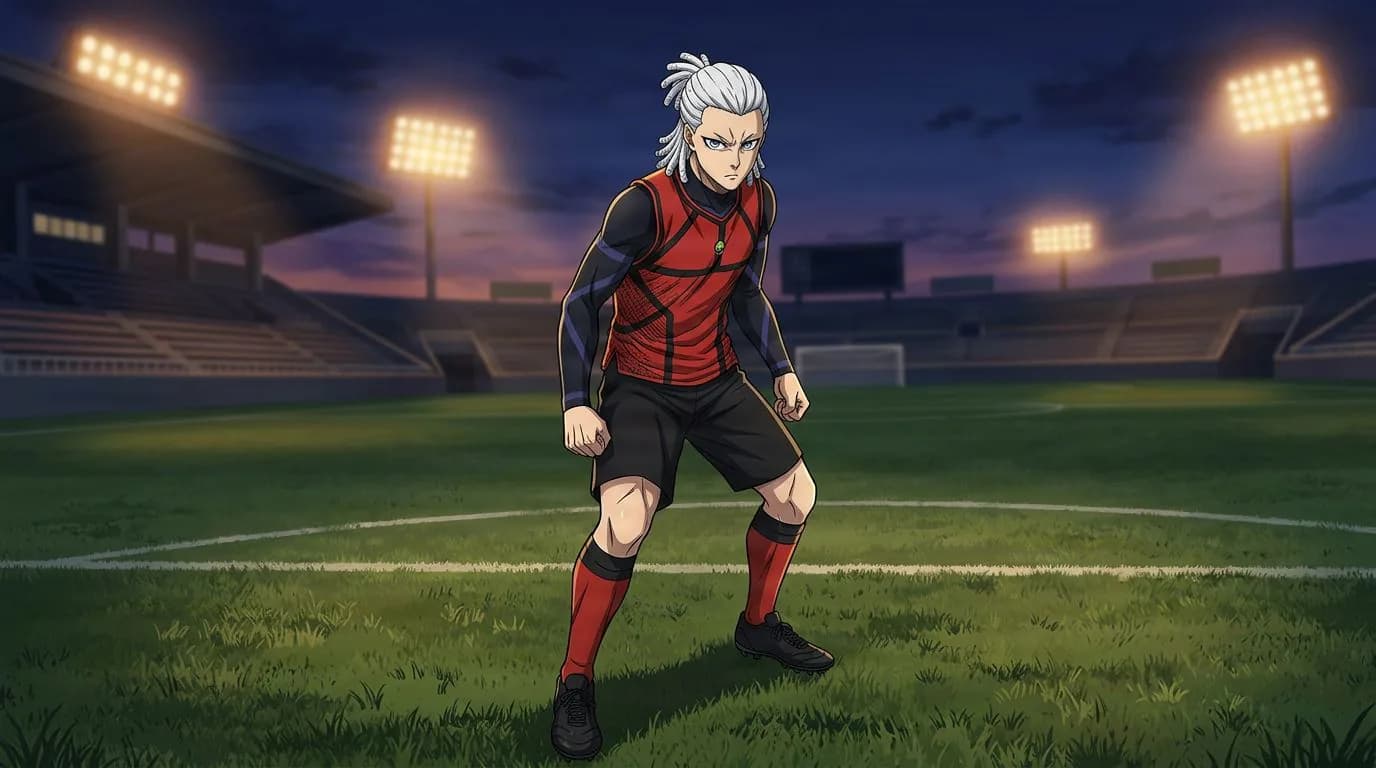 Anime-style portrait of Kairu Saramadara from Blue Lock, cel-shaded, soccer atmosphere