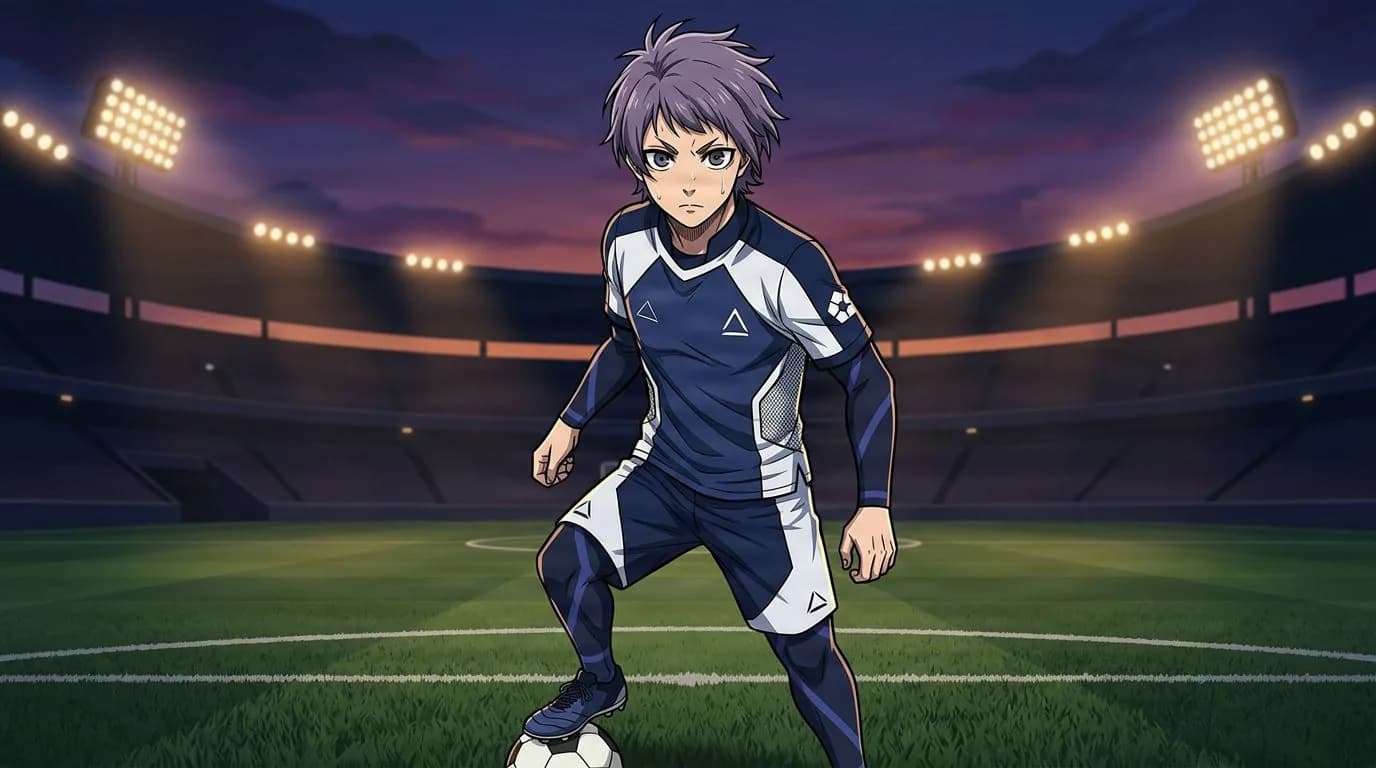 Anime-style portrait of Katsuta Ikirita from Blue Lock, cel-shaded, soccer atmosphere