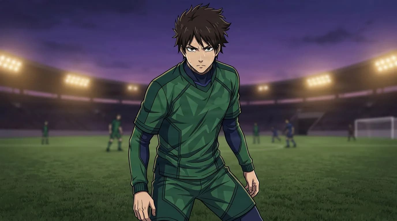 Retrato estilo anime de Kei Shishiya de Blue Lock, con sombreado cel, ambiente futbolístico