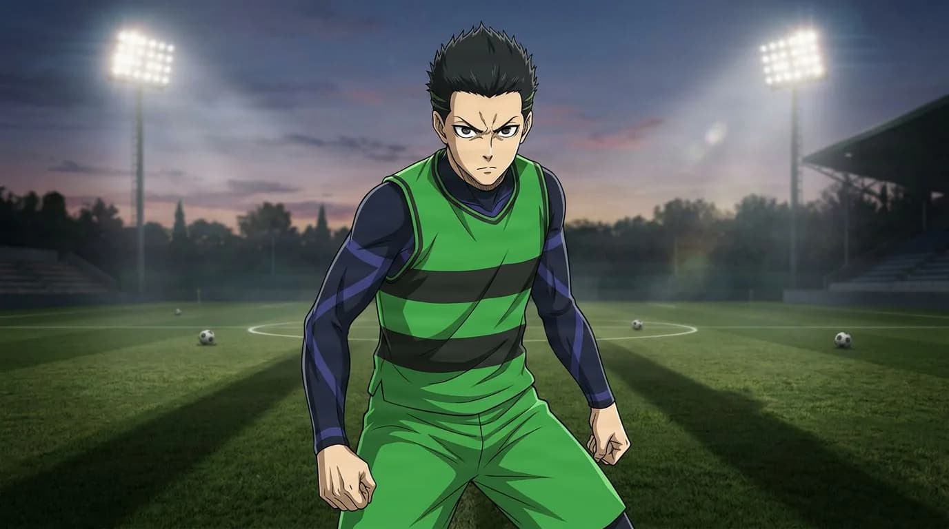 بورتريه بأسلوب الأنمي لشخصية Keisuke Wanima من بلو لوك، بتظليل خلوي، بأجواء كرة القدم