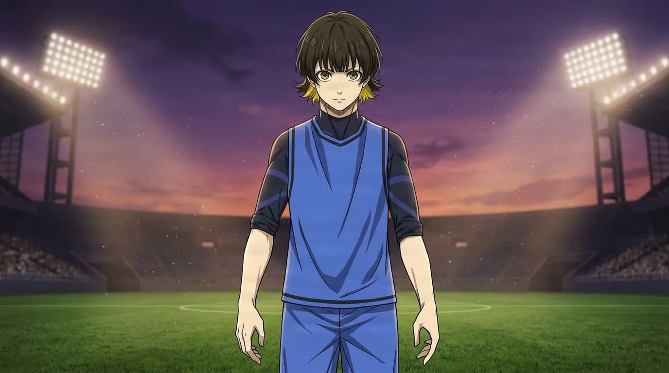 ブルーロックの蜂楽 廻のアニメ風ポートレート、セルシェーディング、サッカーの雰囲気