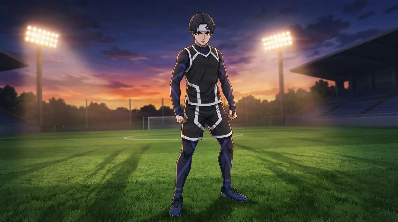 ブルーロックの七星 虹郎のアニメ風ポートレート、セルシェーディング、サッカーの雰囲気
