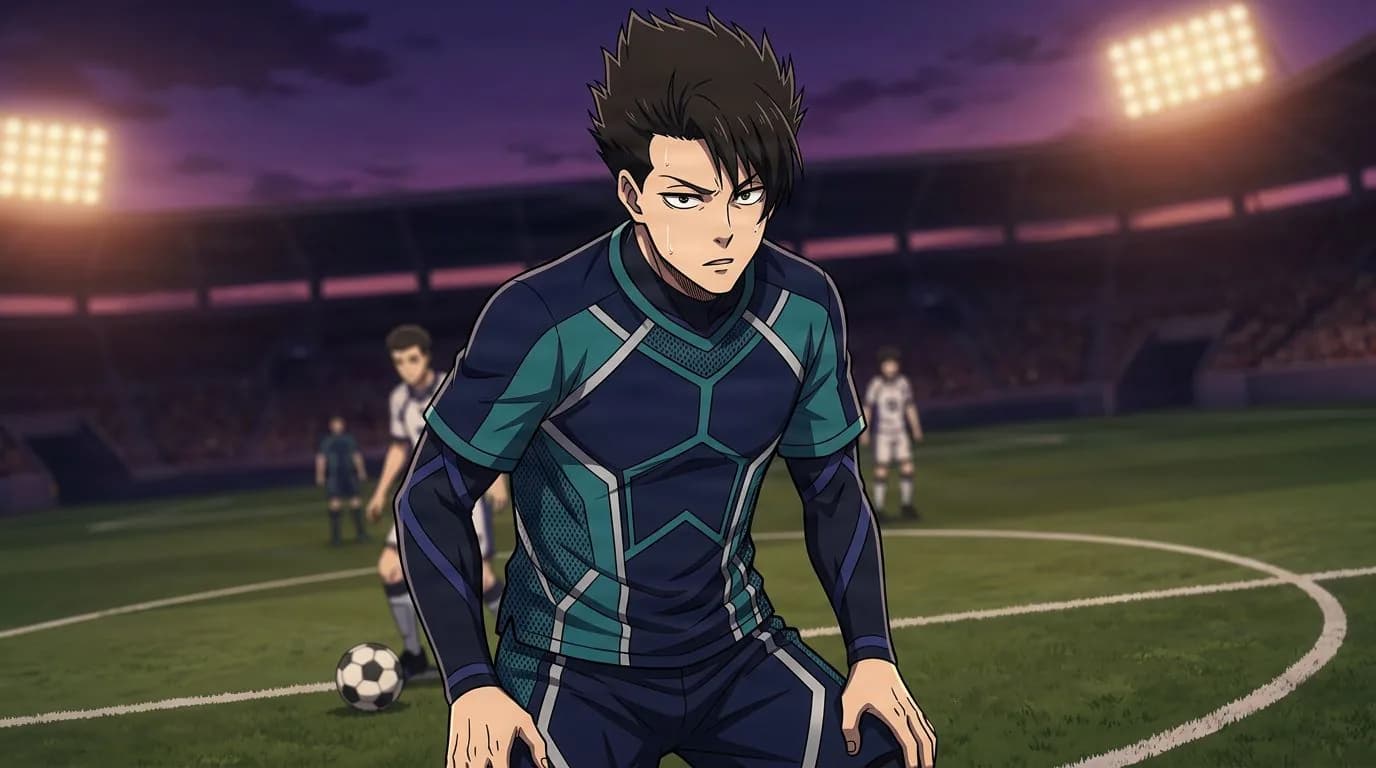 Anime-style portrait of Rian Sanga from Blue Lock, cel-shaded, soccer atmosphere