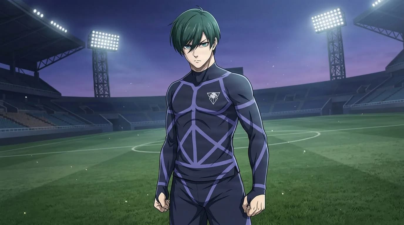 Anime-style portrait of Rin Itoshi from Blue Lock, cel-shaded, soccer atmosphere