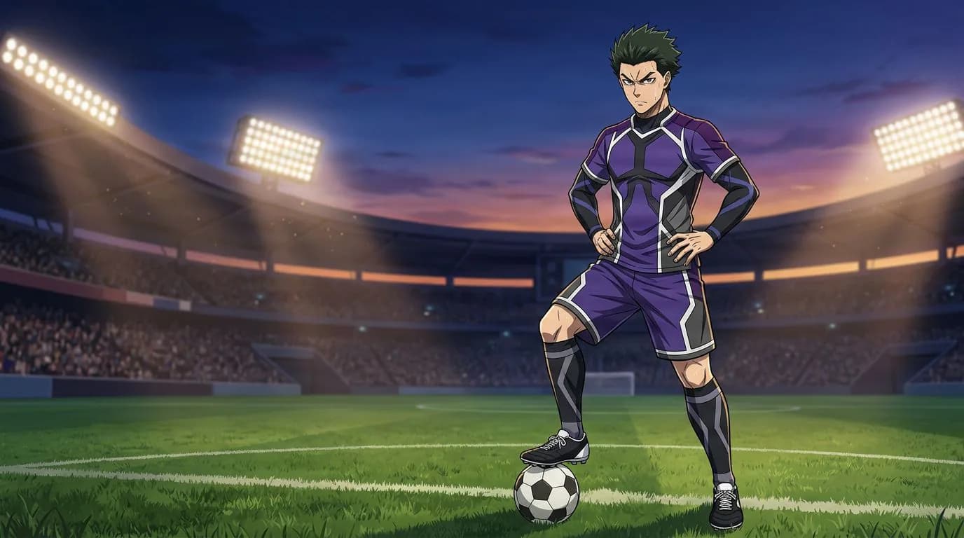 Anime-style portrait of Ruto Kora from Blue Lock, cel-shaded, soccer atmosphere