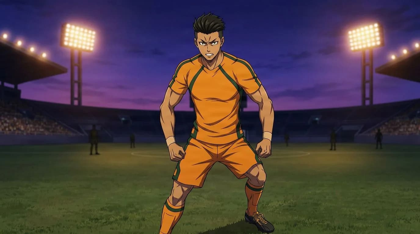 Anime-style portrait of Ryo Nameoka from Blue Lock, cel-shaded, soccer atmosphere