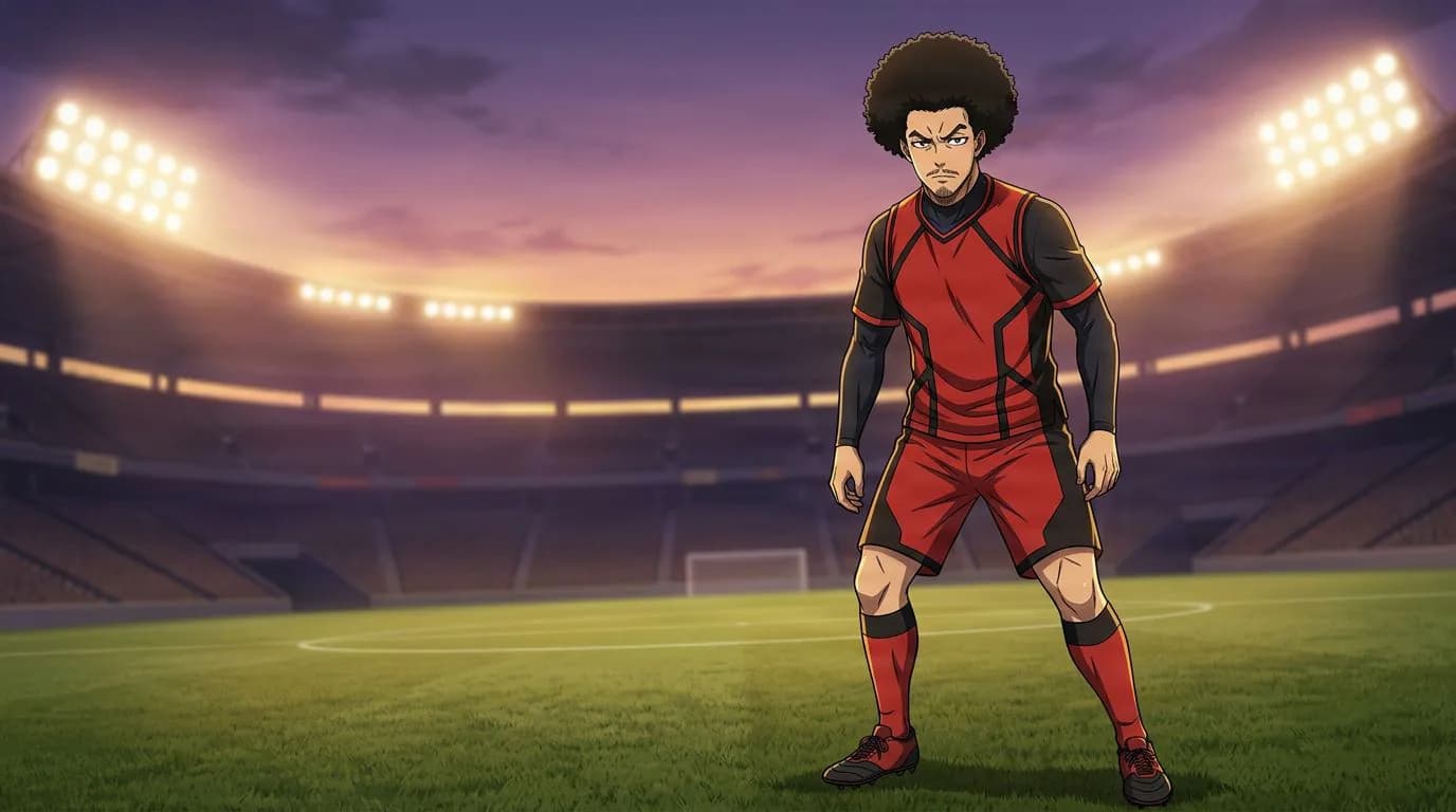 Anime-style portrait of Shingen Tanaka from Blue Lock, cel-shaded, soccer atmosphere