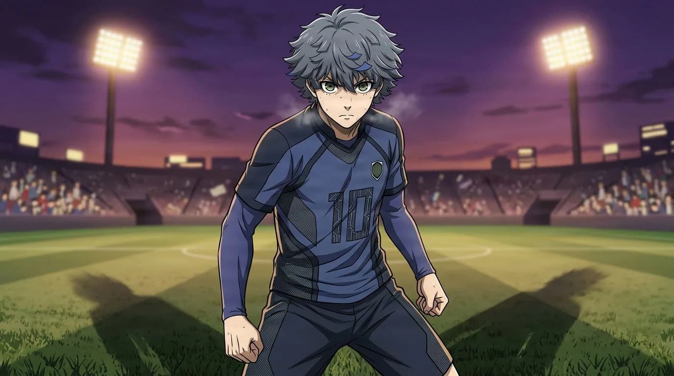 Anime-style portrait of Shizuka Haiji from Blue Lock, cel-shaded, soccer atmosphere