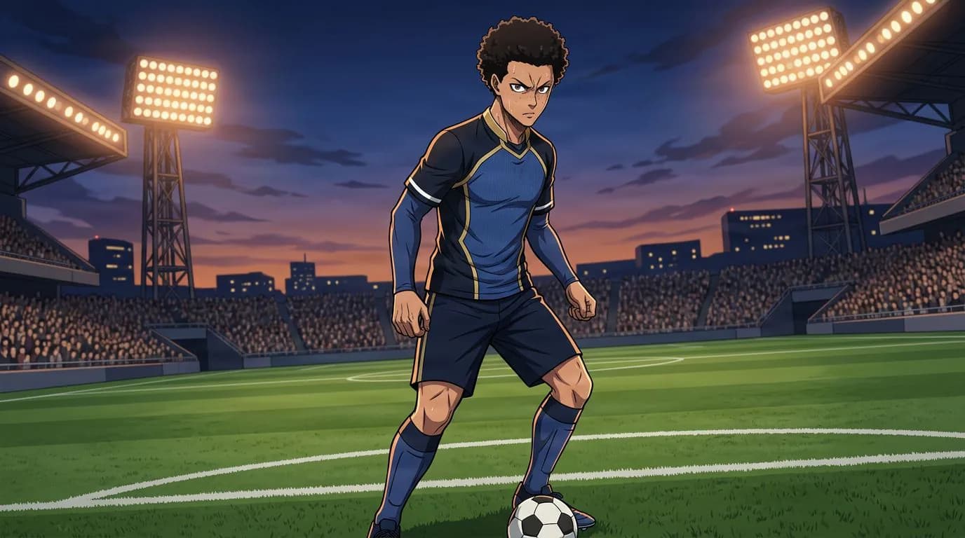 Anime-style portrait of Shohei Inaba from Blue Lock, cel-shaded, soccer atmosphere