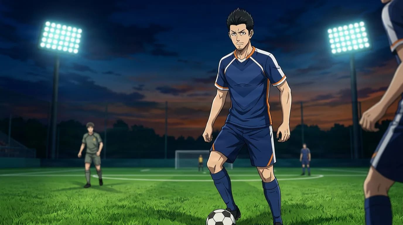 ブルーロックの弐瓶 集作のアニメ風ポートレート、セルシェーディング、サッカーの雰囲気