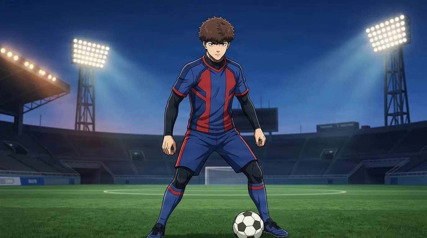 بورتريه بأسلوب الأنمي لشخصية Soshi Kagura من بلو لوك، بتظليل خلوي، بأجواء كرة القدم