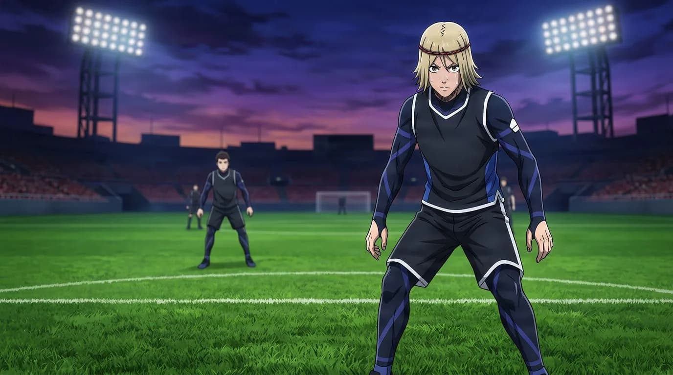 Anime-style portrait of Sota Nemoto from Blue Lock, cel-shaded, soccer atmosphere
