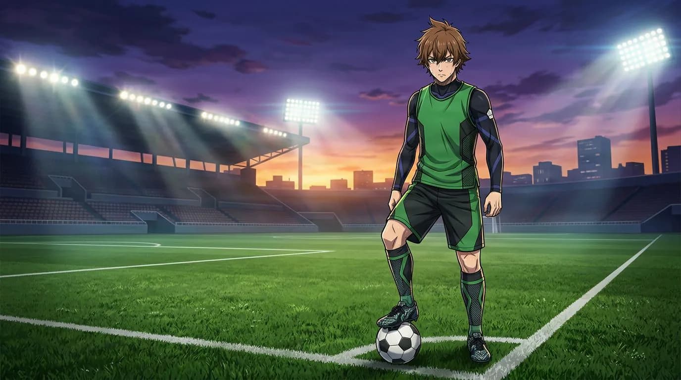 Anime-style portrait of Takuma Isezaki from Blue Lock, cel-shaded, soccer atmosphere