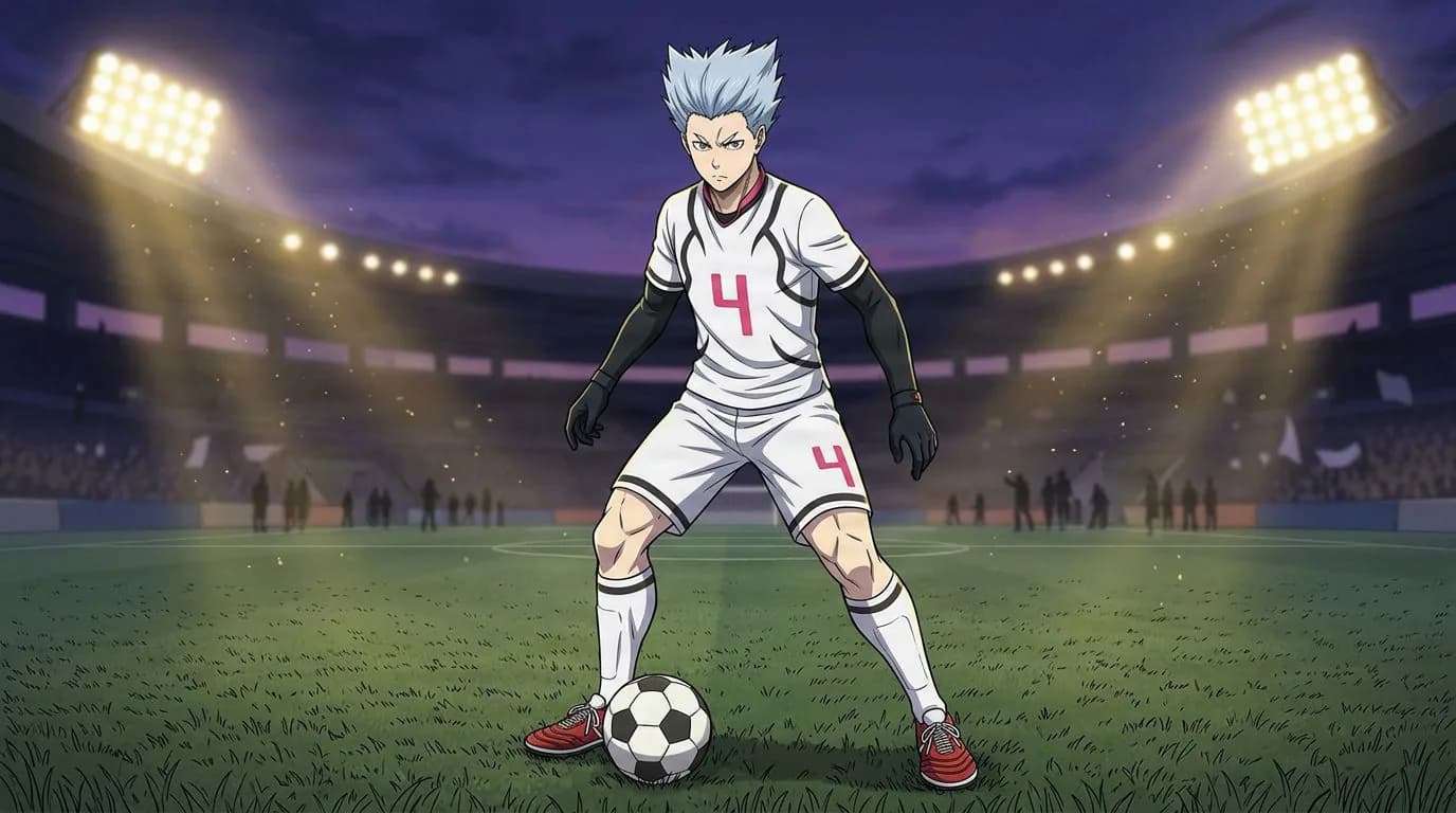 بورتريه بأسلوب الأنمي لشخصية Teppei Neru من بلو لوك، بتظليل خلوي، بأجواء كرة القدم