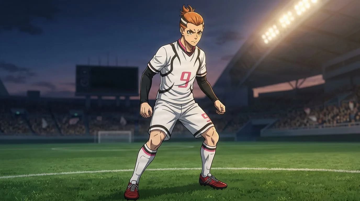 Anime-style portrait of Teru Kitsunezato from Blue Lock, cel-shaded, soccer atmosphere