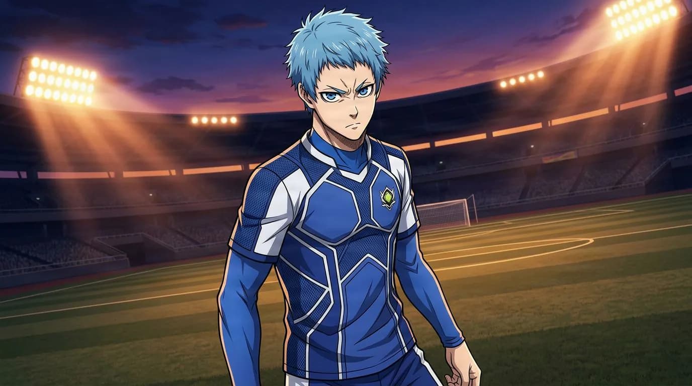 Anime-style portrait of Tetsu Sokura from Blue Lock, cel-shaded, soccer atmosphere