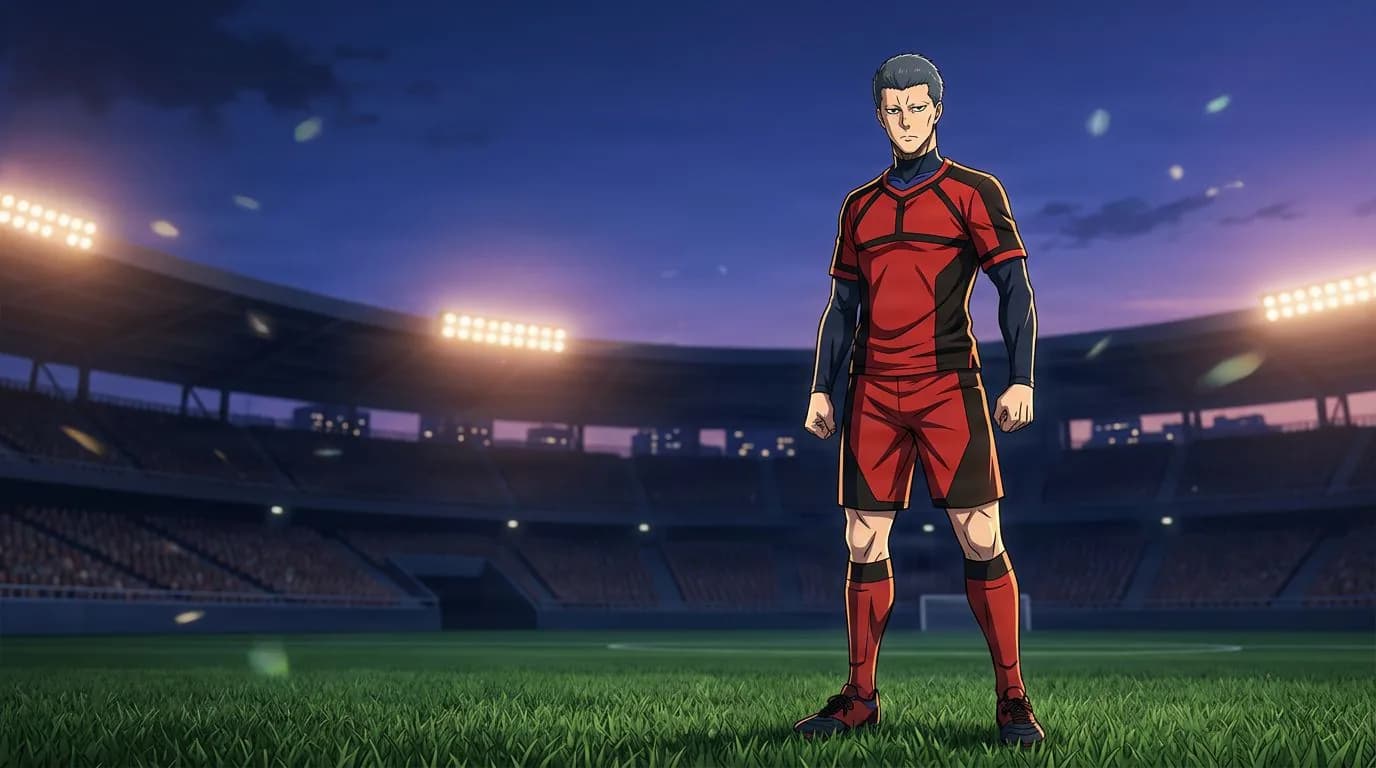 بورتريه بأسلوب الأنمي لشخصية Tobio Madoka من بلو لوك، بتظليل خلوي، بأجواء كرة القدم