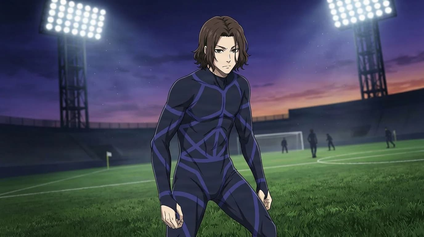 بورتريه بأسلوب الأنمي لشخصية Wataru Kuon من بلو لوك، بتظليل خلوي، بأجواء كرة القدم