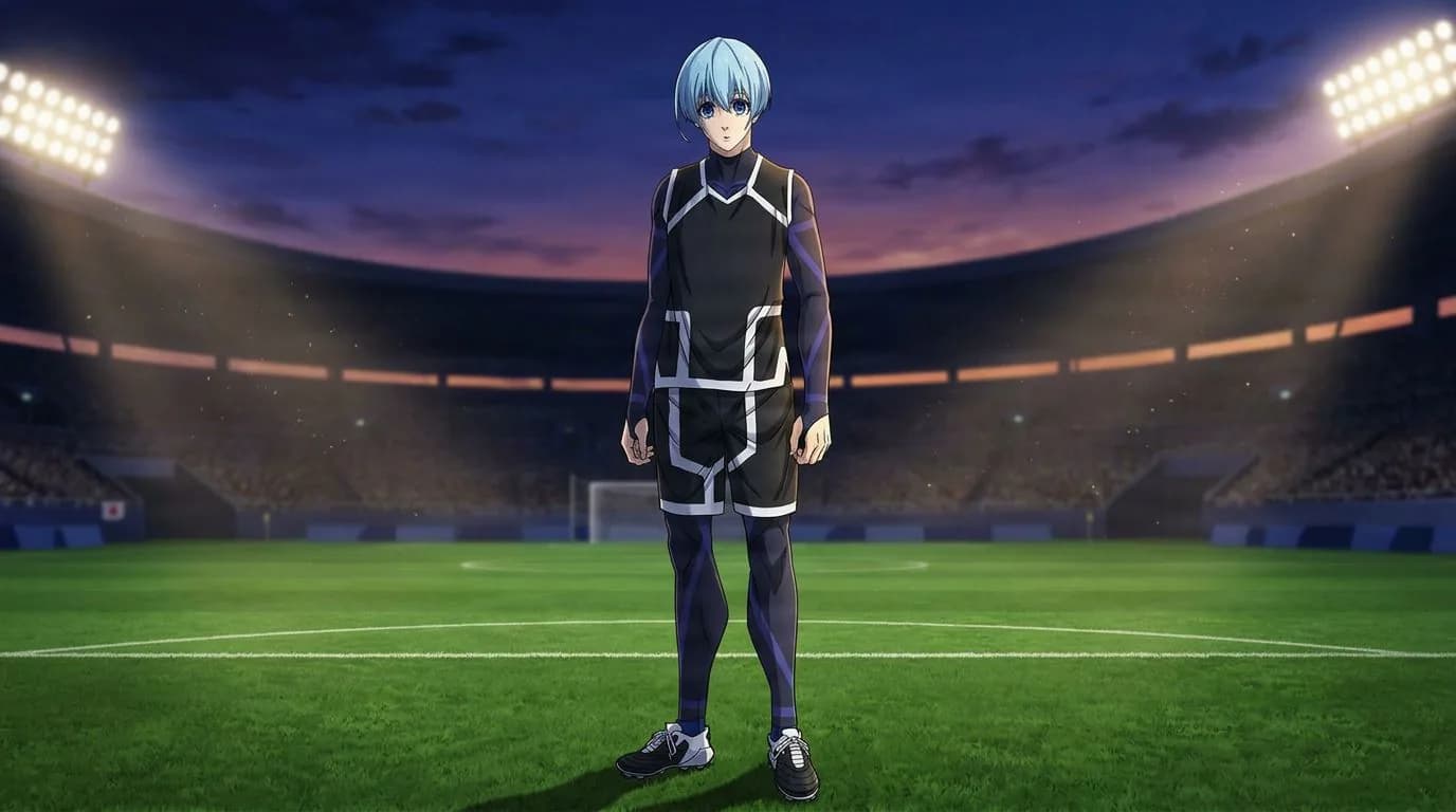 Anime-style portrait of Yo Hiori from Blue Lock, cel-shaded, soccer atmosphere