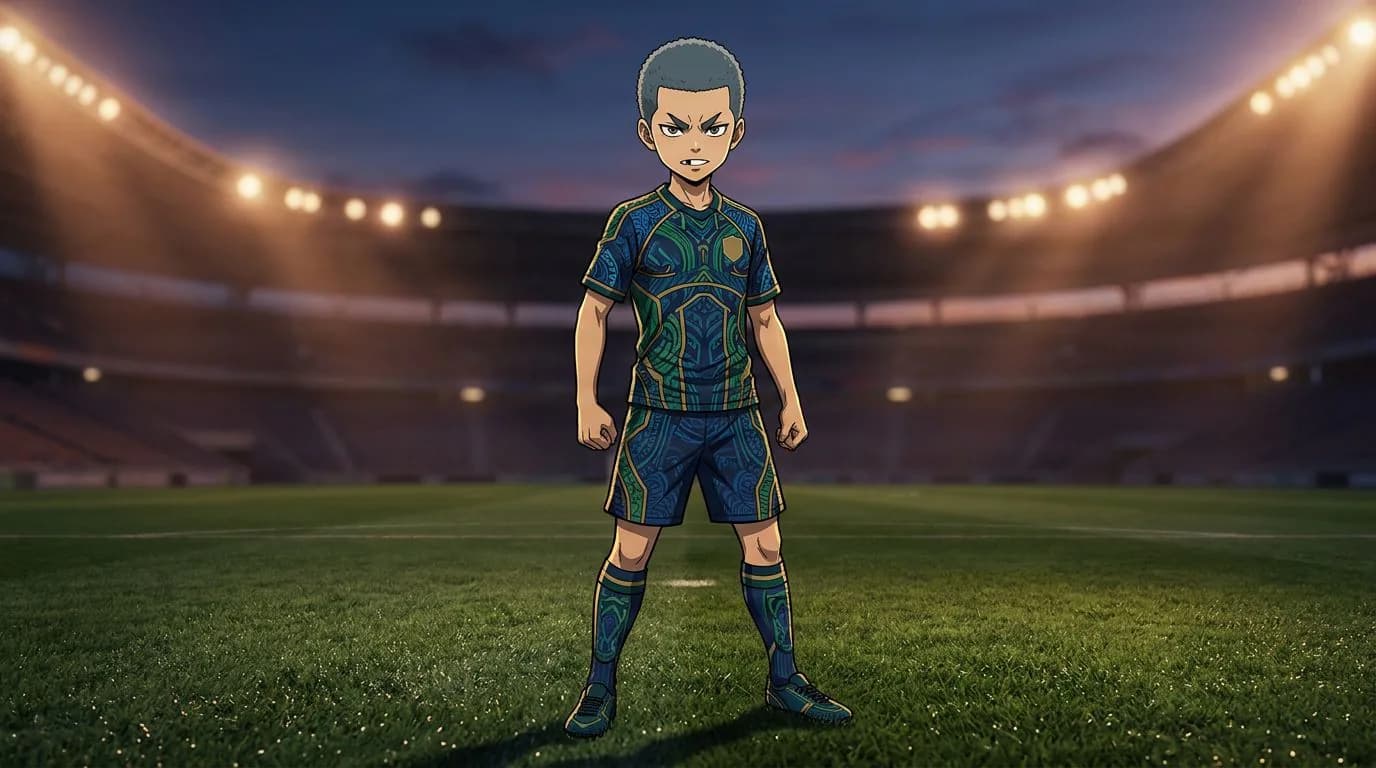 Anime-style portrait of Yota Naruhaya from Blue Lock, cel-shaded, soccer atmosphere