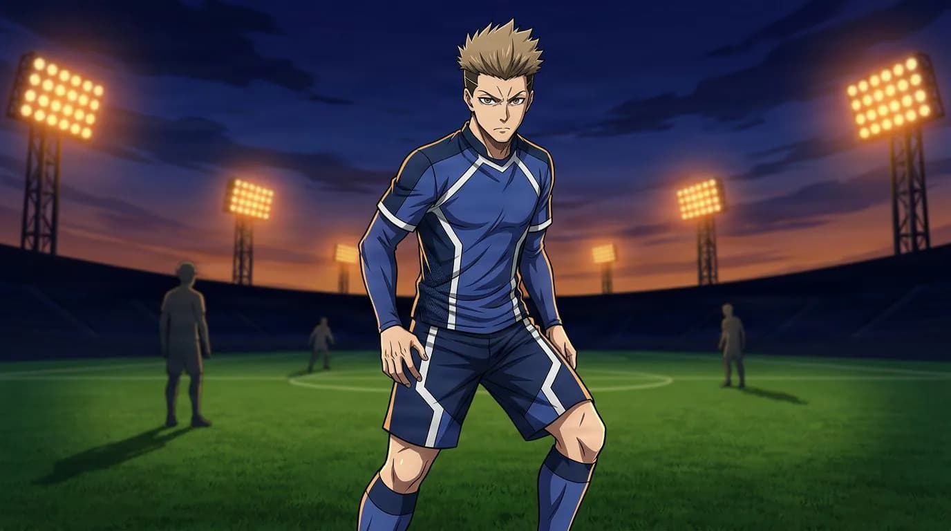 Anime-style portrait of Yuza Dokomo from Blue Lock, cel-shaded, soccer atmosphere