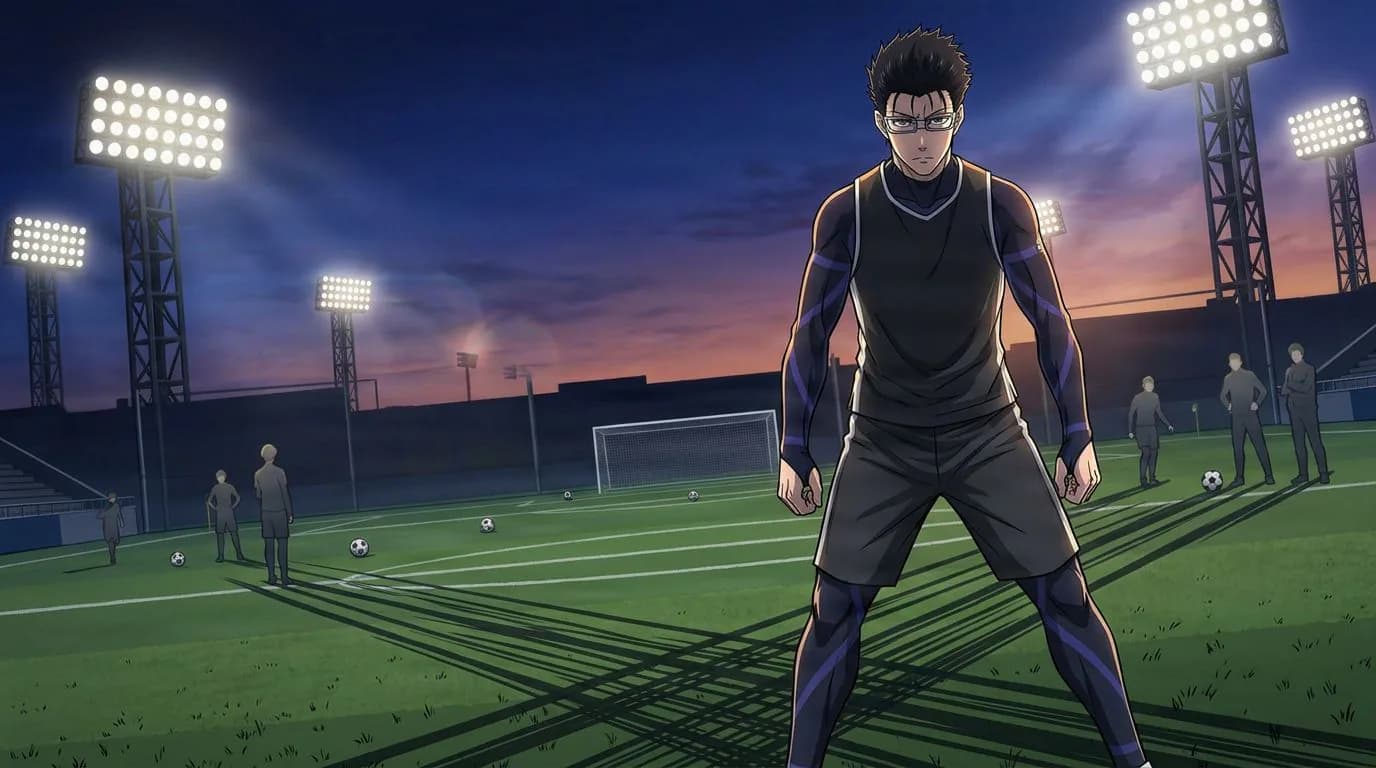 بورتريه بأسلوب الأنمي لشخصية Zantetsu Tsurugi من بلو لوك، بتظليل خلوي، بأجواء كرة القدم
