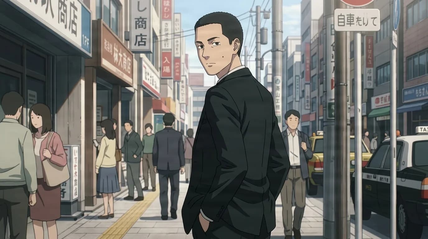 Anime scene of a short-haired man in a black business suit turning to glance back over his shoulder with hands tucked in his pockets, standing on a crowded Japanese shopping street with pedestrians and parked taxis.