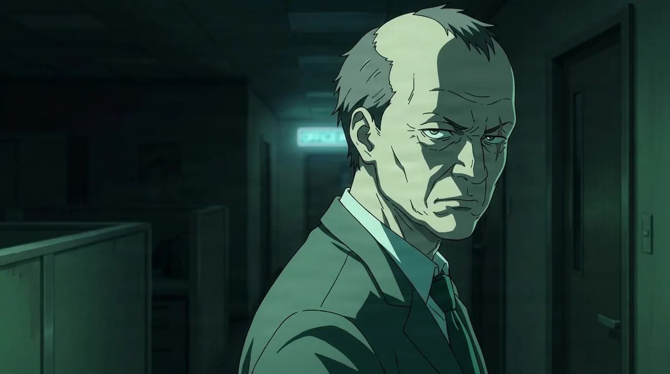 Bald older man in a dark suit and tie glaring over his shoulder toward the viewer in a dim green-lit office corridor