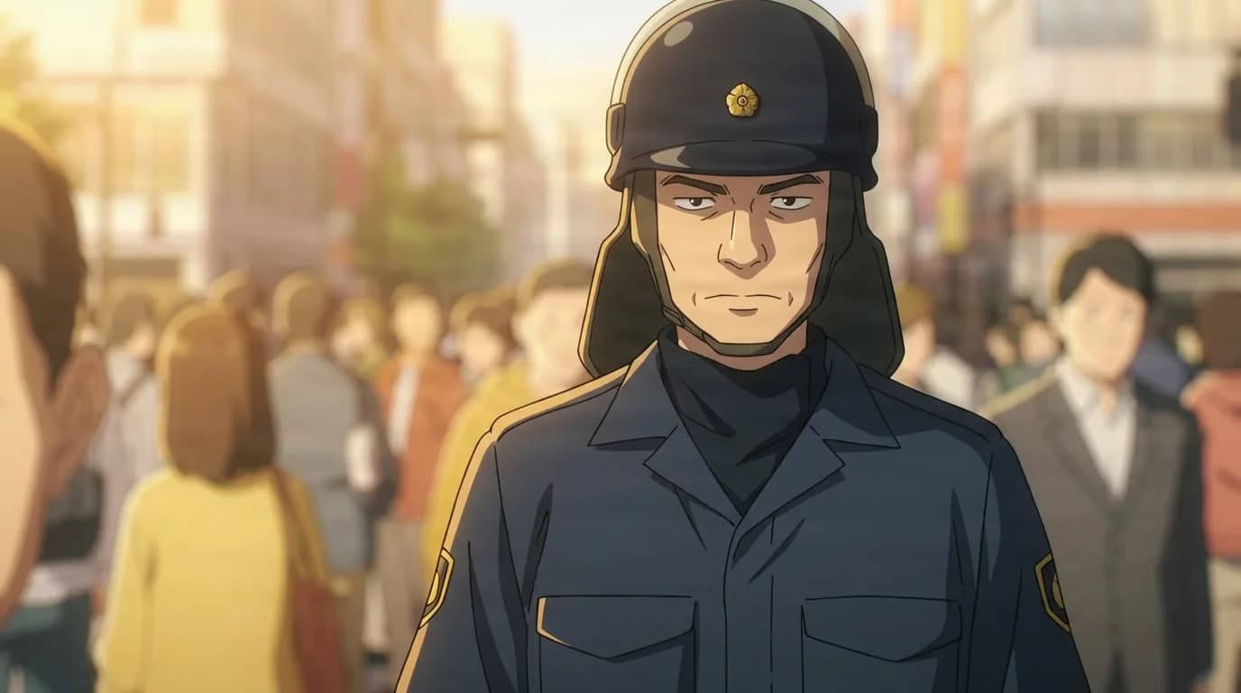 A stern man in a navy riot helmet and blue uniform stands facing forward amid a blurred crowd on a sunlit city street.