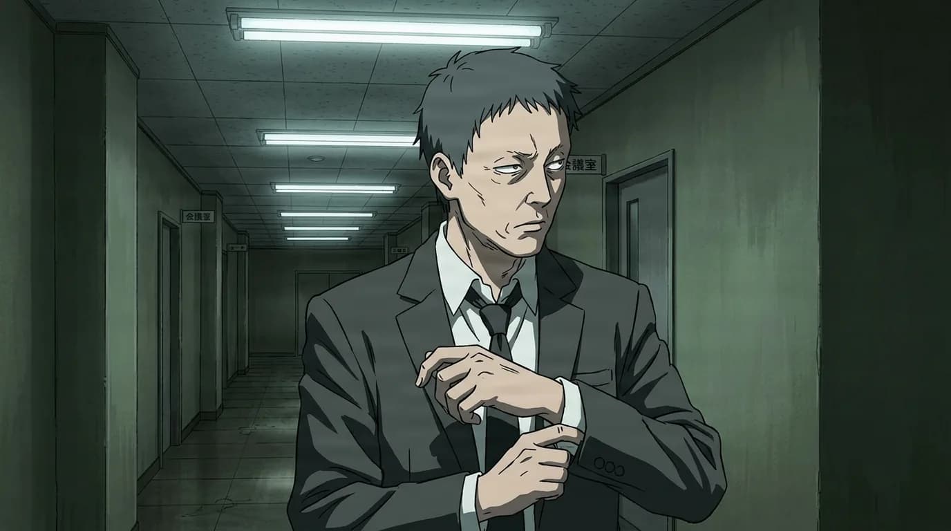 A gaunt man in a grey suit walks down a dim green office corridor lit by fluorescent tubes, glancing to the side while adjusting his shirt cuff and wristwatch.