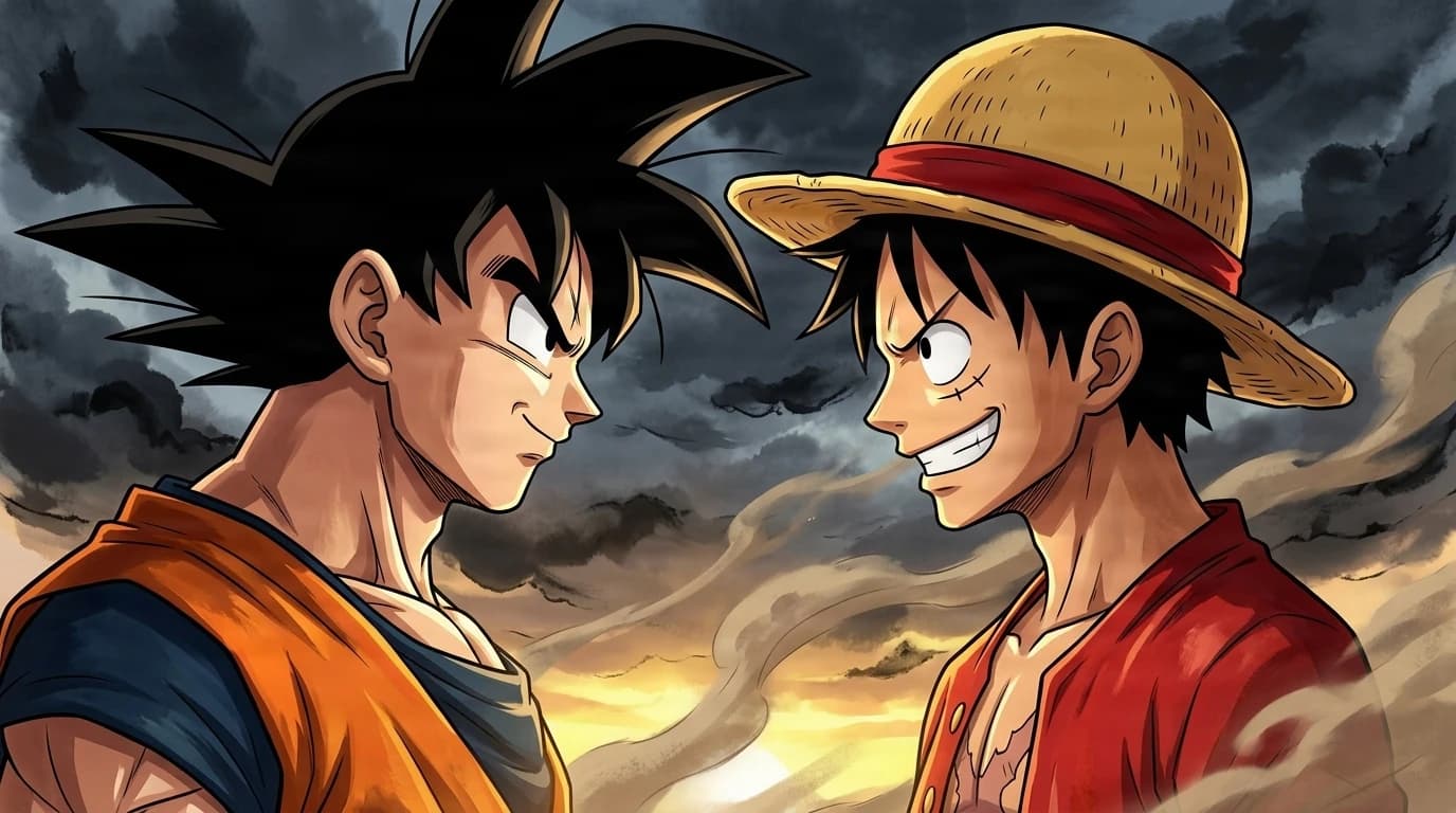 Goku and Luffy standing face to face in profile under a storm sky before their fight