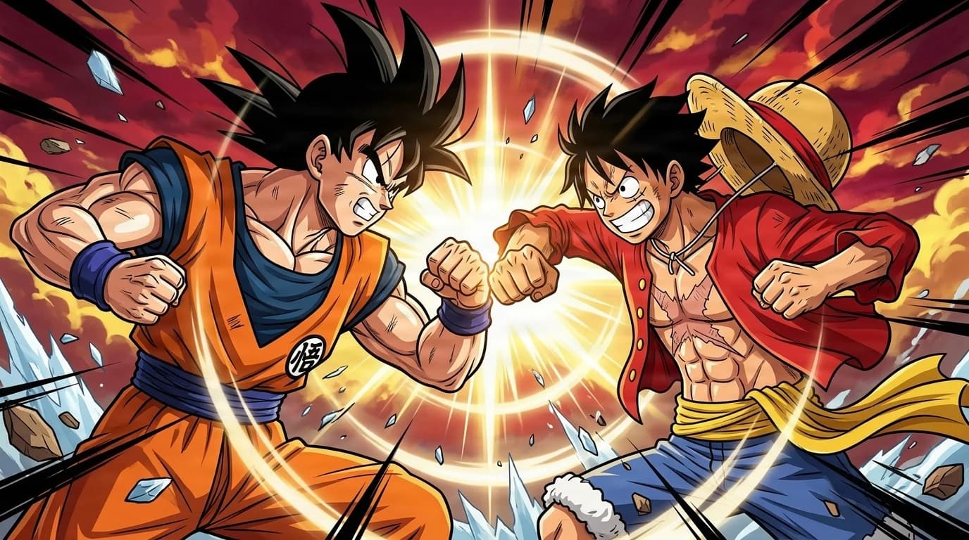 Goku and Luffy colliding fist to fist in mid air as a shockwave bursts between them