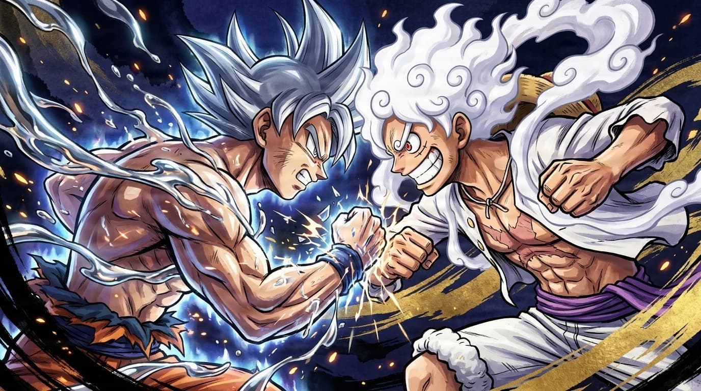 Ultra Instinct Goku and Gear 5 Luffy locked fist to fist in mid air, eyes fixed on each other