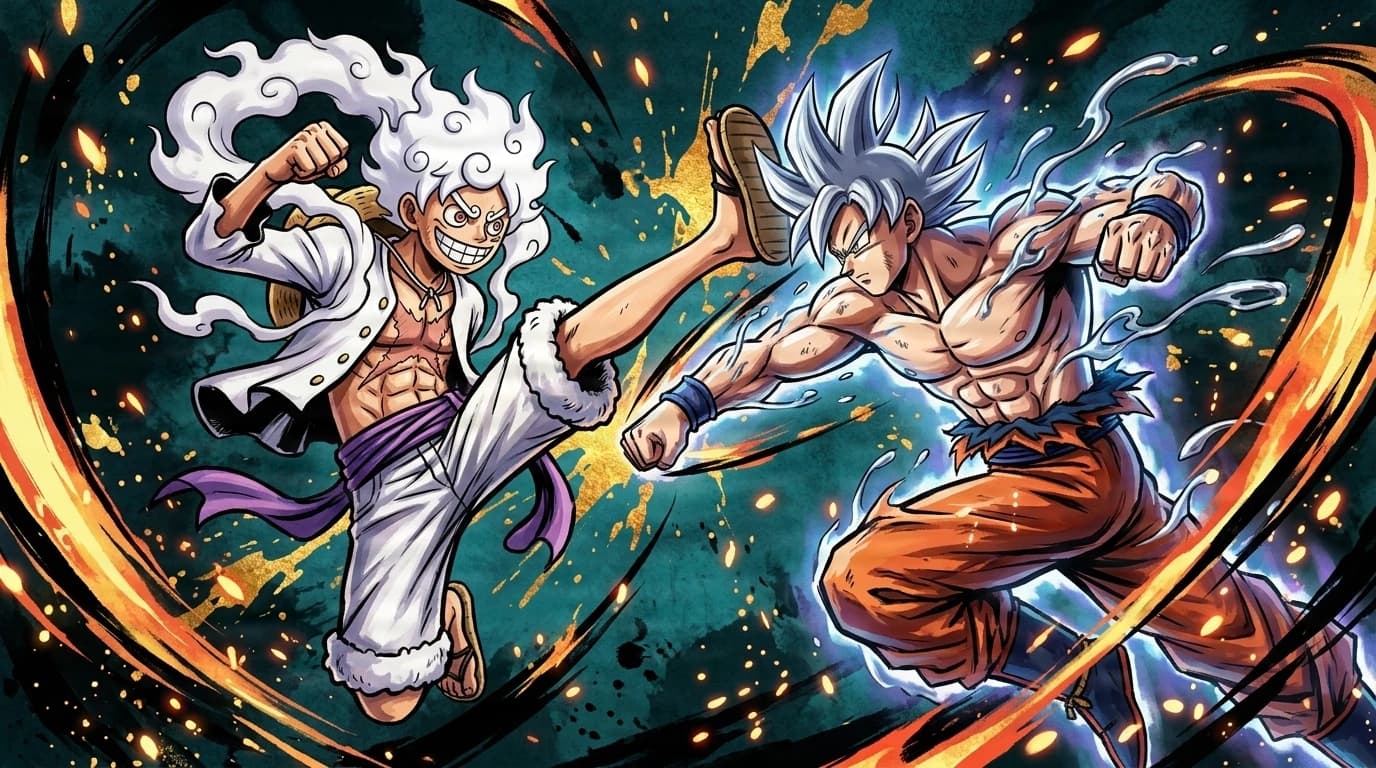 Gear 5 Luffy whipping a stretched kick at Ultra Instinct Goku as Goku ducks under it into a counter punch