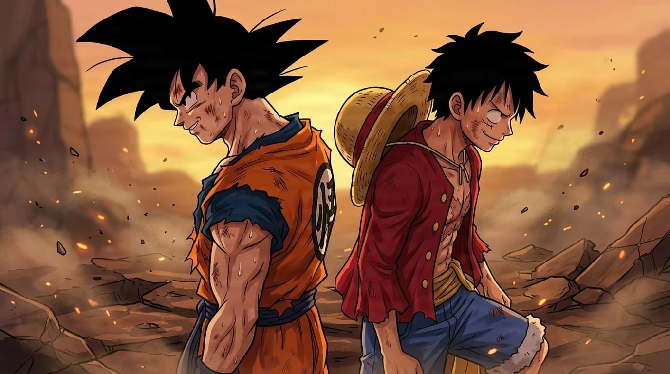 Goku and Luffy standing back to back battered and grinning on cracked ground after their fight