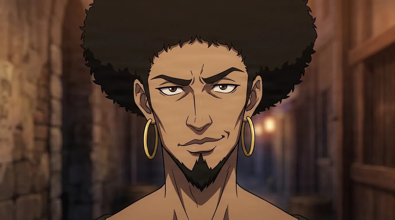 Abdul Hakim from Cowboy Bebop in a close-framed cel-shaded anime scene with a detailed environment