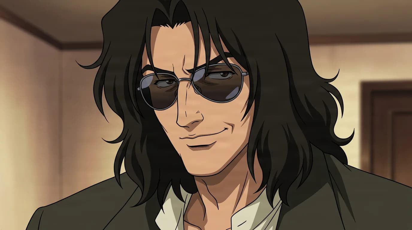 Asimov Solensan from Cowboy Bebop in a close-framed cel-shaded anime scene with a detailed environment
