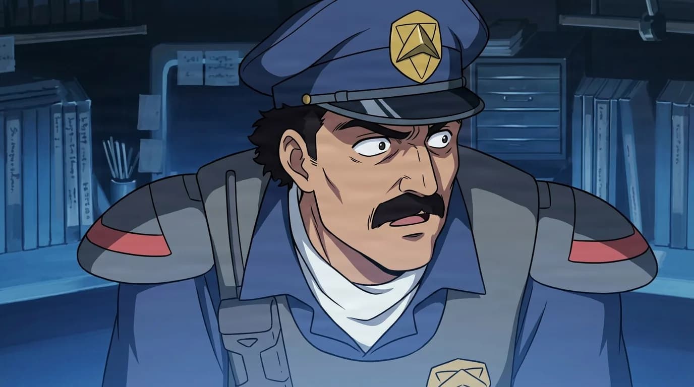 Bob from Cowboy Bebop in a close-framed cel-shaded anime scene with a detailed environment