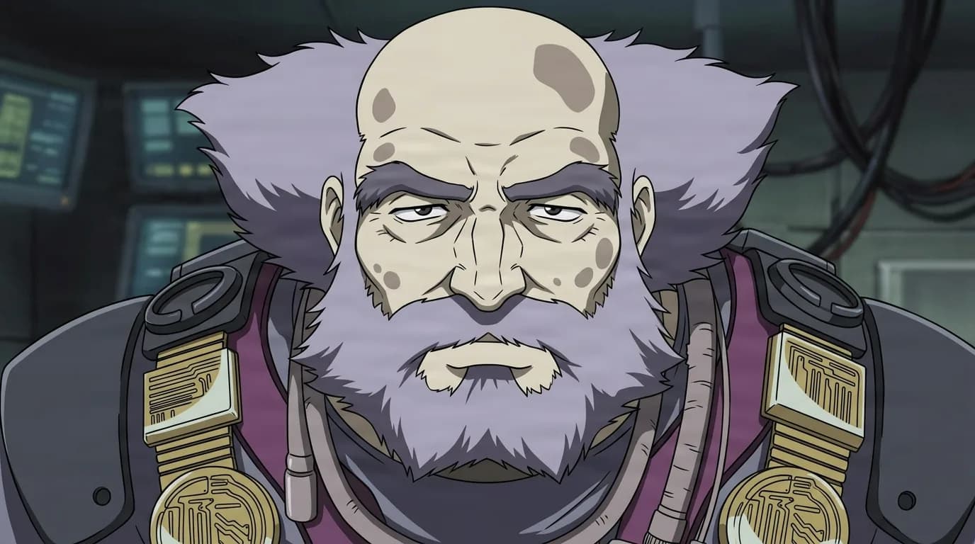 Chessmaster Hex from Cowboy Bebop in a close-framed cel-shaded anime scene with a detailed environment
