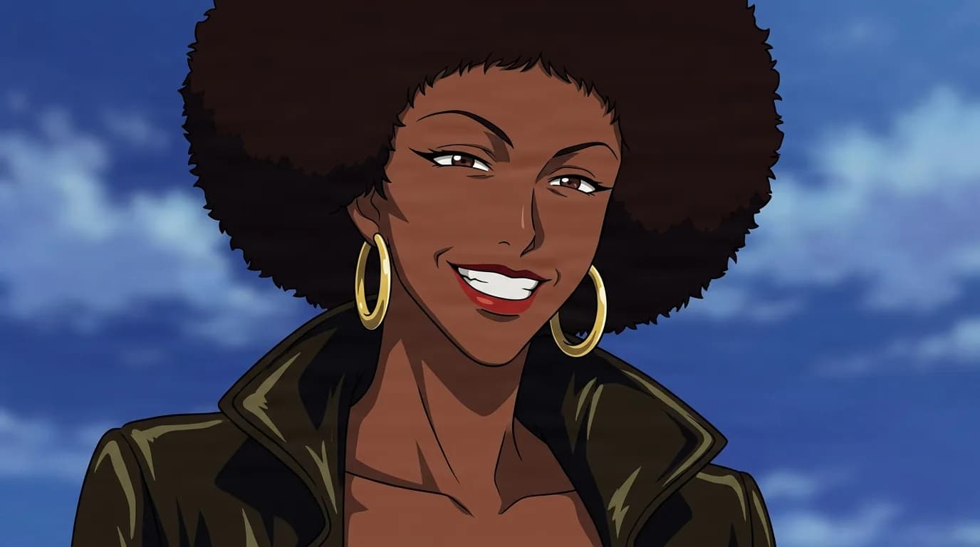 Coffee from Cowboy Bebop in a close-framed cel-shaded anime scene with a detailed environment