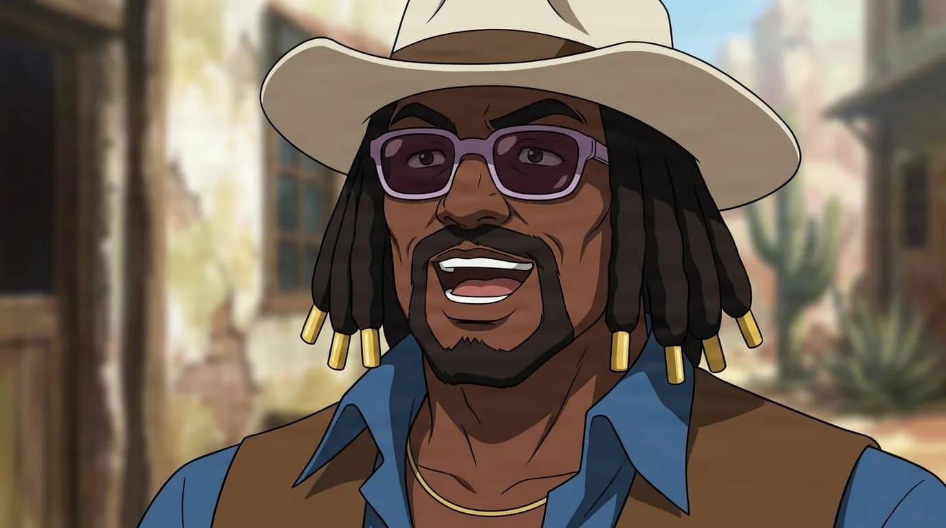 Domino Walker from Cowboy Bebop in a close-framed cel-shaded anime scene with a detailed environment